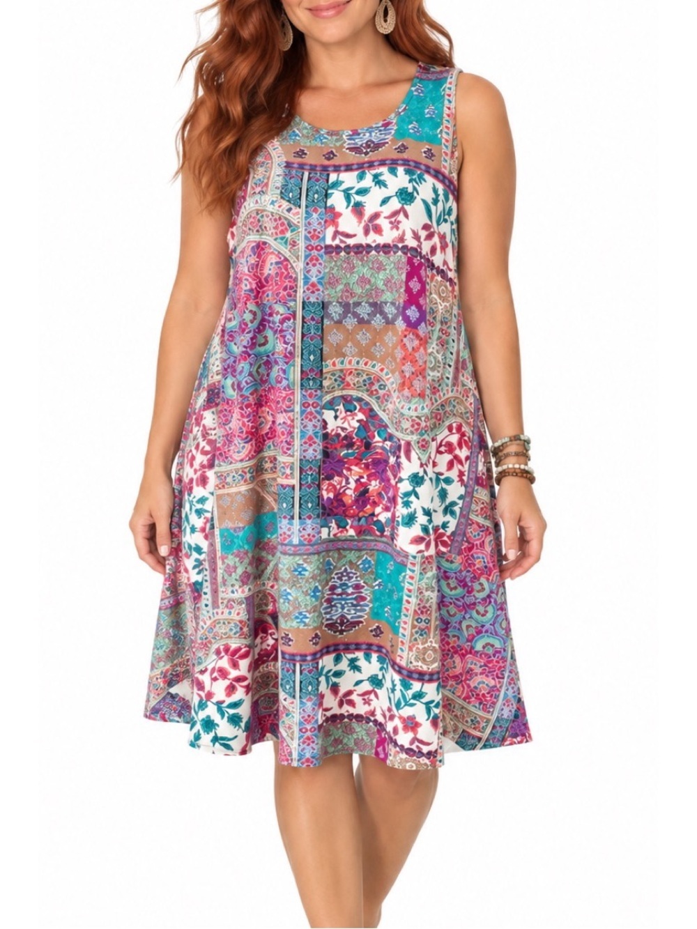 Harlow & Rose sleeveless dress featuring a colorful patchwork or paisley pattern